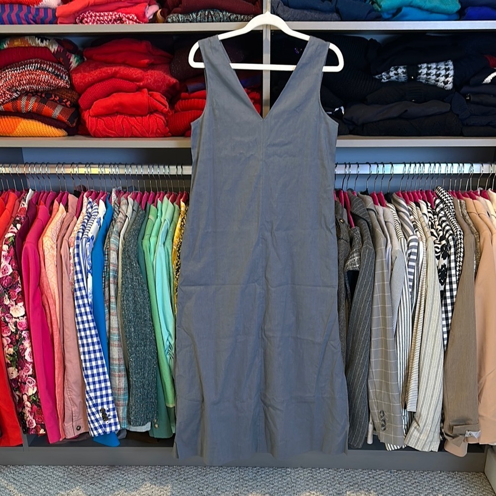 Theory gray sleeveless v neck linen blend back zipper closure midi dress size P